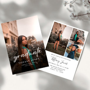 Modern Graduate White Script 4 Photos Graduation   Invitation