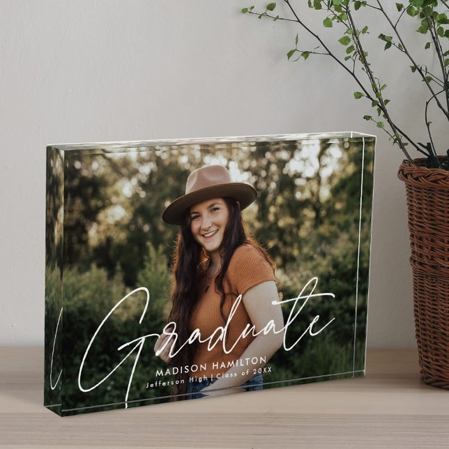 Modern Graduate White Script Graduation Photo Block (Creator Uploaded)