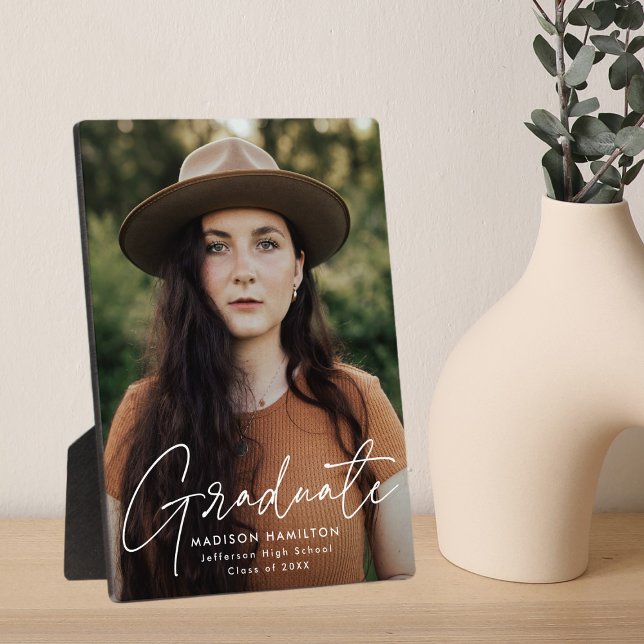 Modern Graduate White Script Graduation Photo Plaque (Creator Uploaded)