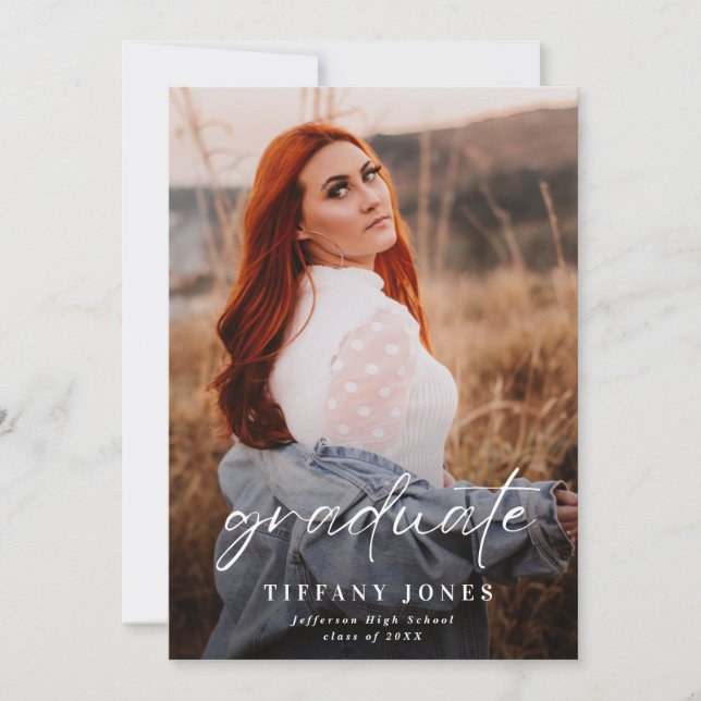 Modern Graduate White Script Photo Graduation  Announcement (Front)