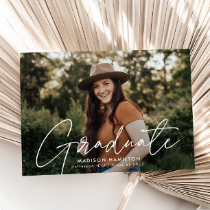 Modern Graduate White Script Photo Graduation Announcement