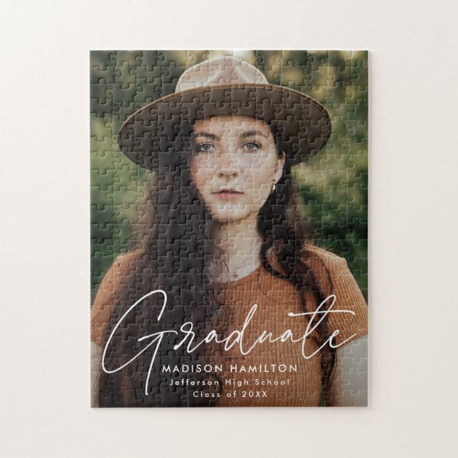 Modern Graduate White Script Photo Graduation Jigsaw Puzzle (Vertical)