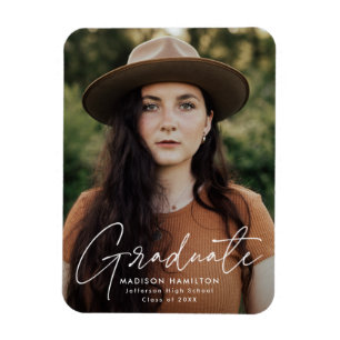 Modern Graduate White Script Photo Graduation Magnet