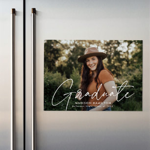 Modern Graduate White Script Photo Magnetic Invitation
