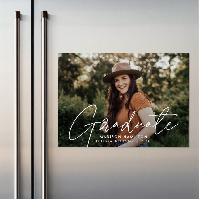 Modern Graduate White Script Photo Magnetic Invitation (Creator Uploaded)