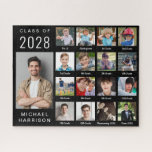 Modern Graduation 17 Photo Collage Black Jigsaw Puzzle<br><div class="desc">Black graduation puzzle keepsake featuring a 17 photo collage of the graduate throughout their school years. Add your personalised captions in white script under each photo.</div>