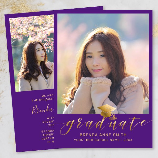Modern Graduation 2 Photo Gold Script Cap Purple Announcement (Modern Two Photo Gold Script on Purple Graduation Announcement)