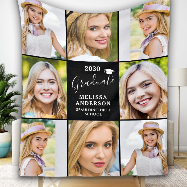 Modern Graduation 8 Photo Collage Graduate Black  Fleece Blanket (Creator Uploaded)