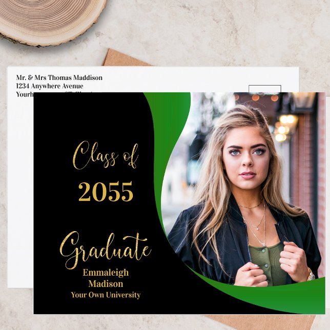 Modern Graduation Black/Green Wave Photo Announcement Postcard (Creator Uploaded)