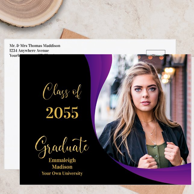 Modern Graduation Black/Purple Wave Photo Announcement Postcard (Creator Uploaded)