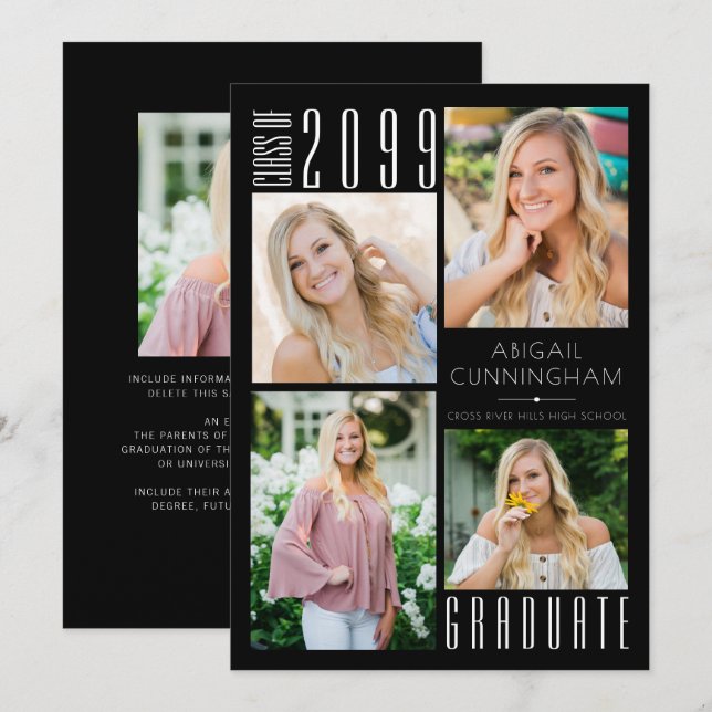 Modern Graduation Black White 5 Photo Announcement (Front/Back)