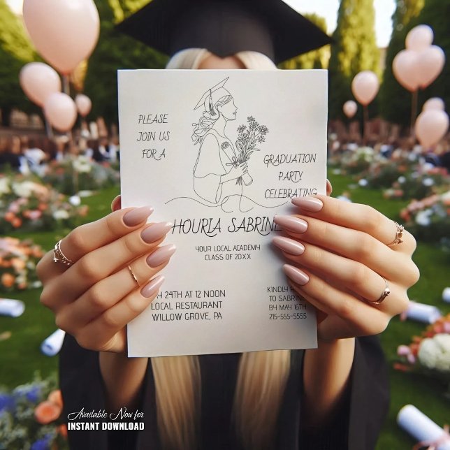 Modern Graduation Black & white line art graduate  Invitation (Creator Uploaded)