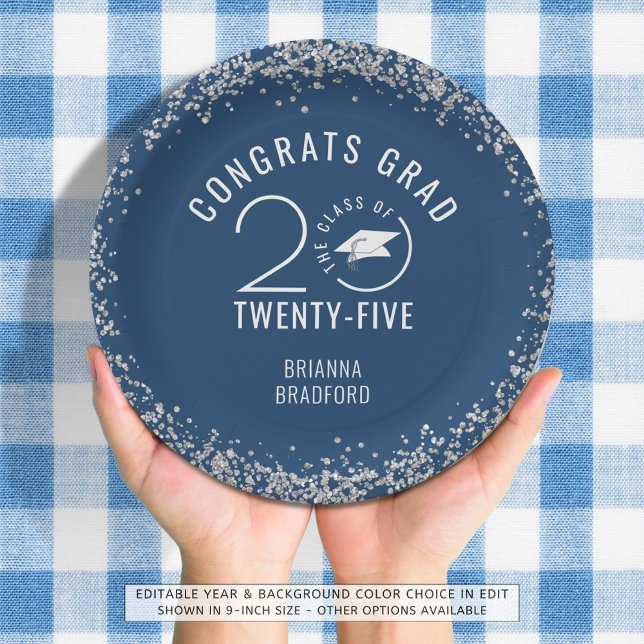 Modern Graduation Blue Faux Silver Glitter Paper Plate (Creator Uploaded)