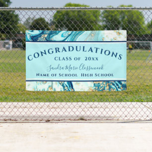Modern Graduation Blue Marble Swirl Gold Glitter B Banner