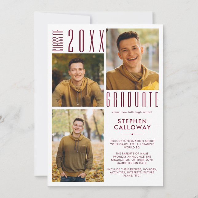 Modern Graduation Burgundy 3 Photos Minimalist Announcement (Front)