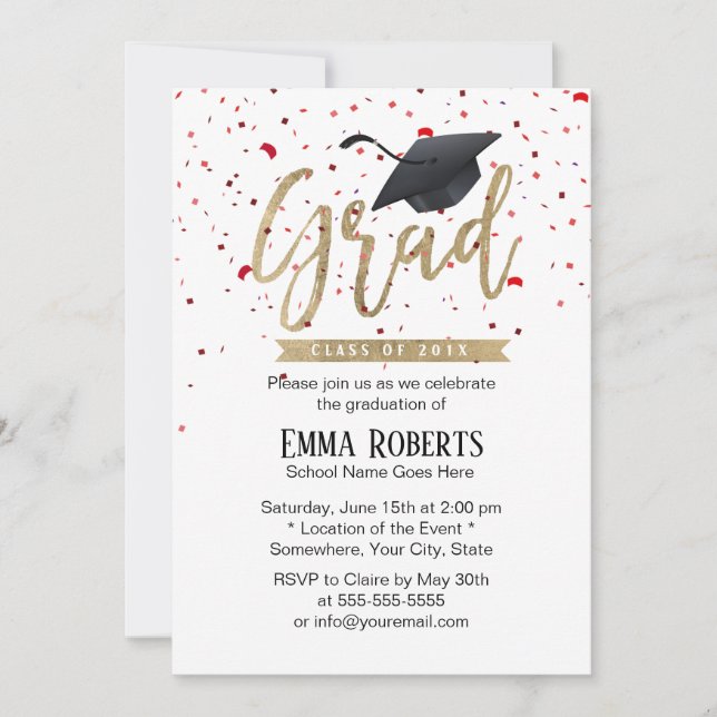 Modern Graduation Cap & Confetti Graduation Party Invitation (Front)