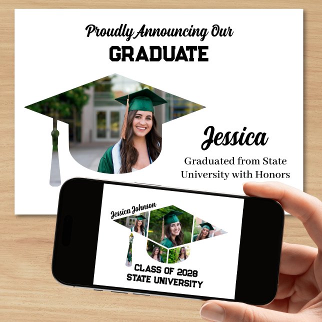 Modern Graduation Cap Shape Photo Collage Announcement (Fun Graduation Announcement with Photos in a Graduation Cap Shape Photo Collage)