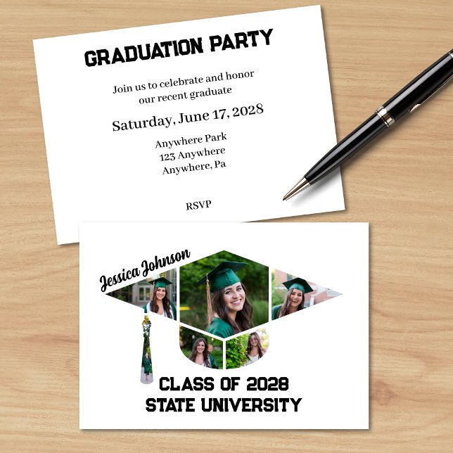 Modern Graduation Cap Shape Photo Collage Party Invitation (Unique Modern Graduation Party Photo Invitation with a collage in the shape of a grad cap)