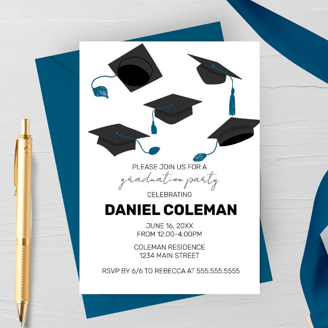 Modern Graduation Cap Toss Graduation Party Invitation (Blue Tassel Hat Toss Graduation Party invitation)