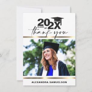 Modern Graduation Cap Year Gold White PHOTO Thank You Card