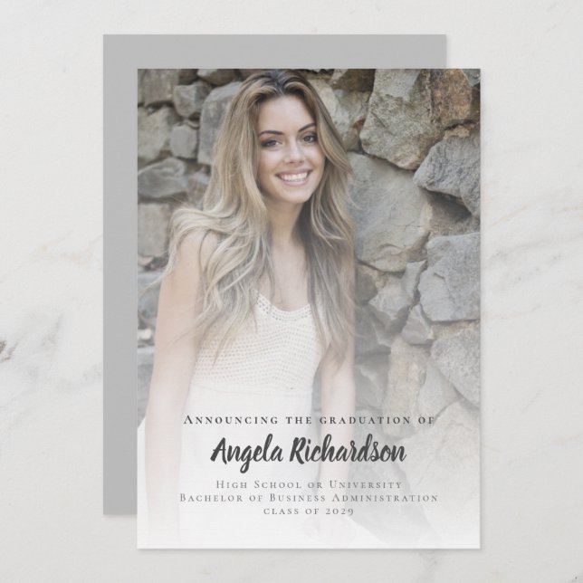 Modern Graduation Charcoal Script Typography Photo Announcement (Front/Back)