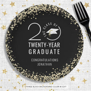 Modern Graduation Class Year Black Gold Confetti  Paper Plate