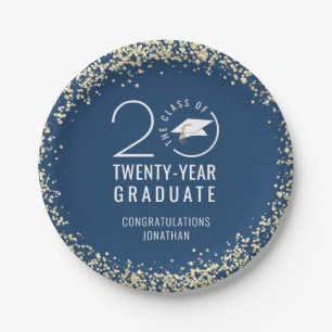 Modern Graduation Class Year Blue Gold Confetti  Paper Plate