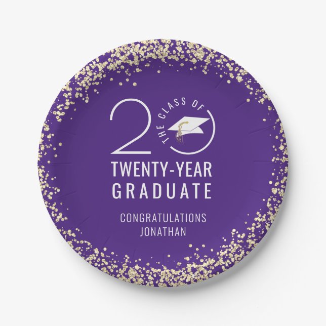 Modern Graduation Class Year Purple Gold Confetti  Paper Plate (Front)