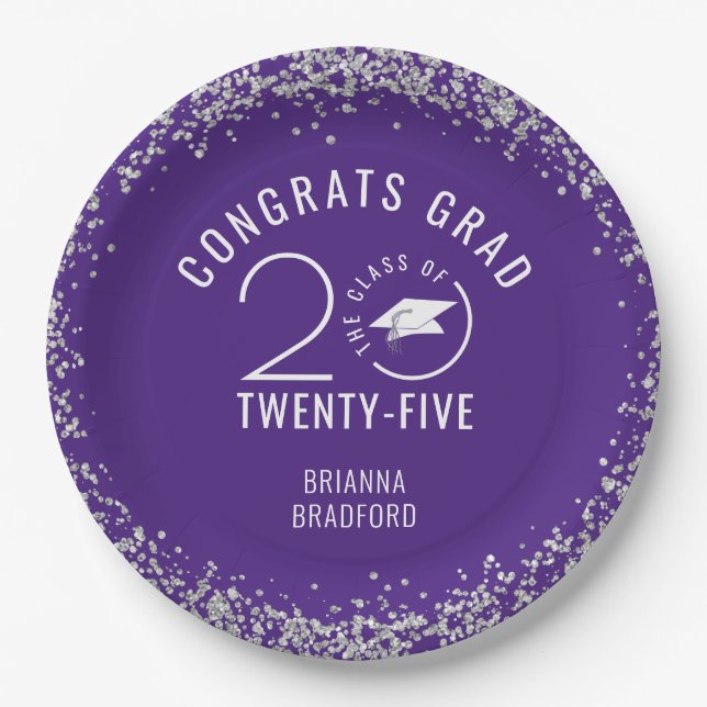 Modern Graduation Class Year Purple Silver Glitter Paper Plate (Front)