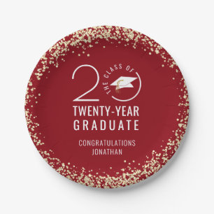 Modern Graduation Class Year Red Gold Confetti  Paper Plate