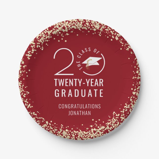Modern Graduation Class Year Red Gold Confetti  Paper Plate (Front)