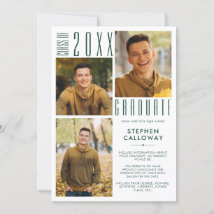 Modern Graduation Dark Green 3 Photos Minimalist Announcement
