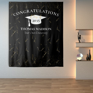 Modern Graduation Faux Gold Confetti Black/White Tapestry