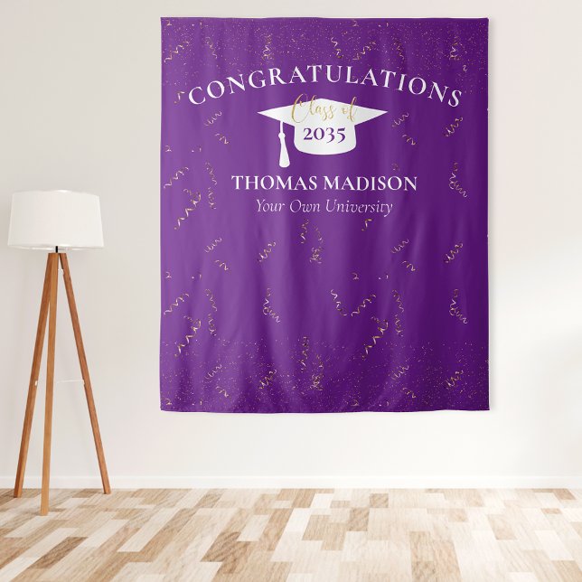 Modern Graduation Faux Gold Confetti Purple/White Tapestry (Creator Uploaded)