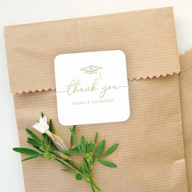 Modern Graduation Gold Script Thank You Favour Square Sticker (Creator Uploaded)