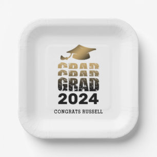 Modern Graduation GRAD Year Black Gold Paper Plate