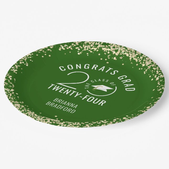 Modern Graduation Green Faux Gold Glitter Paper Plate (Angled)