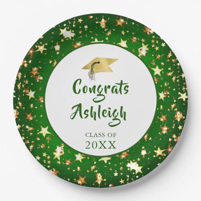Modern Graduation Green Gold Stars Hand Lettered Paper Plate (Front)