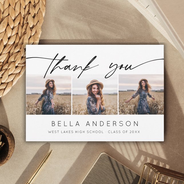 Modern Graduation Handwritten Script 3 Photo  Thank You Card (Creator Uploaded)