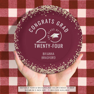 Modern Graduation Maroon Faux Gold Glitter Paper Plate
