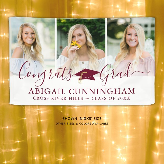Modern Graduation Maroon Script 3 Photo Collage Banner (Creator Uploaded)
