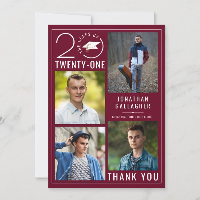 Modern Graduation Maroon Stylish Class Year Thank You Card (Front)
