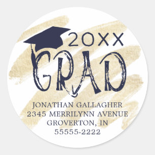 Modern Graduation Navy Blue Grad Return Address Classic Round Sticker