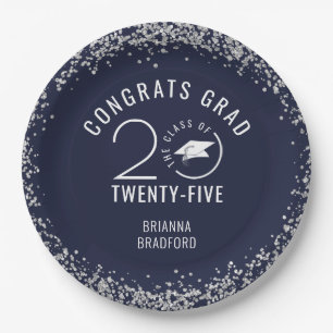 Modern Graduation Navy Blue Silver Class Year Paper Plate