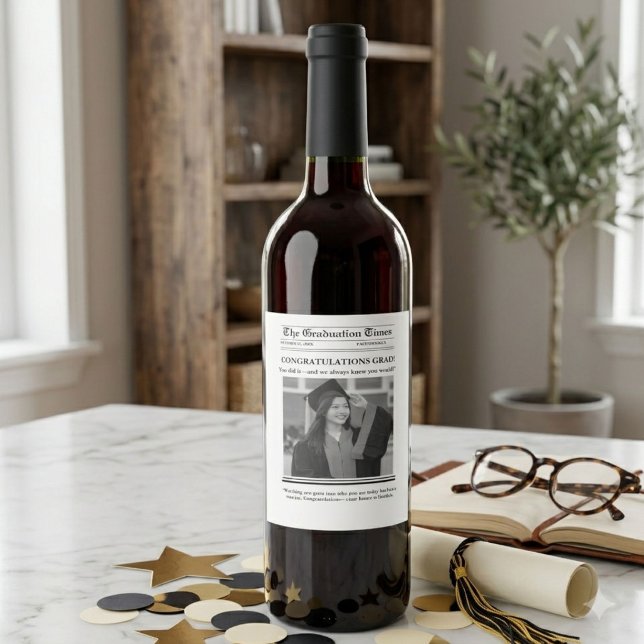 Modern Graduation Newspaper congratulation Wine Label (Creator Uploaded)