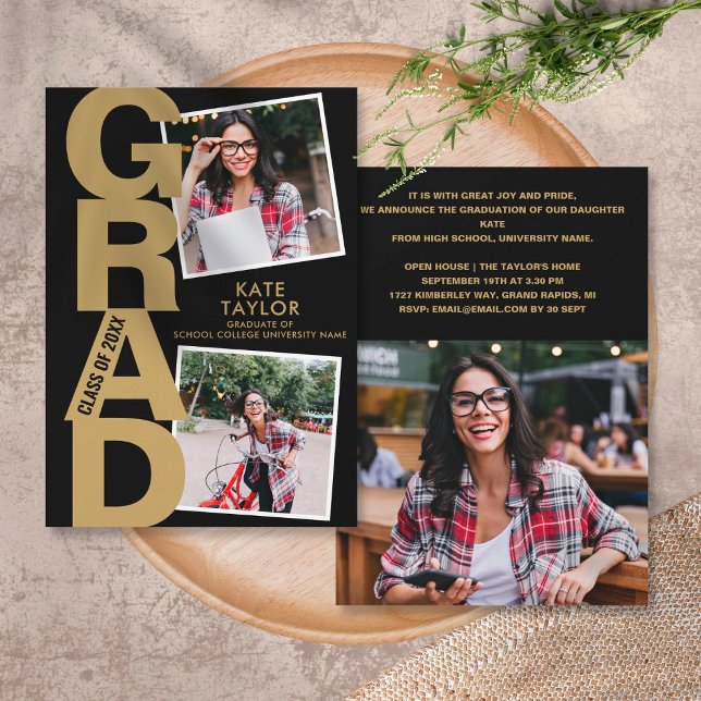 Modern Graduation Party 3 Photo Black And Gold Invitation (Creator Uploaded)