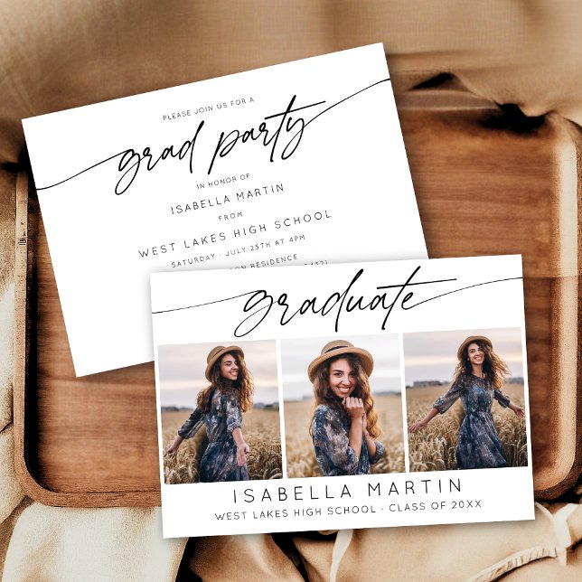 Modern Graduation Party 3 Photo Collage Script Invitation (Creator Uploaded)