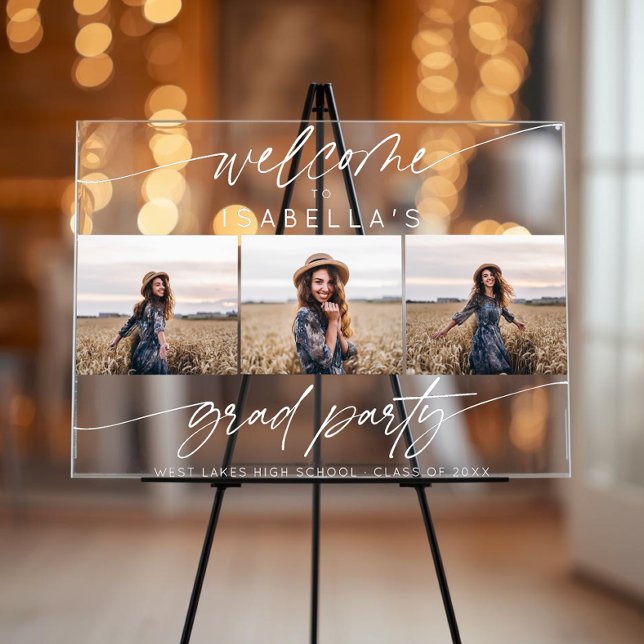 Modern Graduation Party 3 Photo Welcome Script  Acrylic Sign (Creator Uploaded)