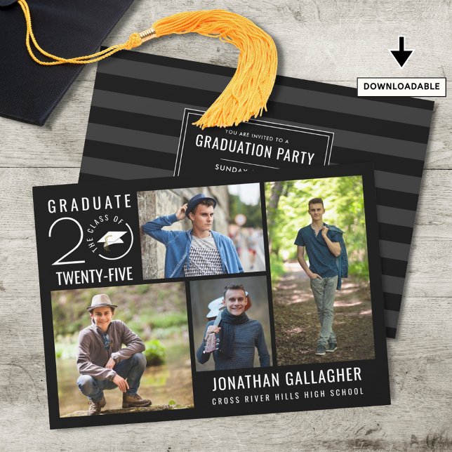 Modern Graduation Party Black 4 Photo Collage Invitation (Creator Uploaded)