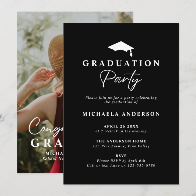 Modern Graduation Party Handwritten Script Photo Invitation (Front/Back)